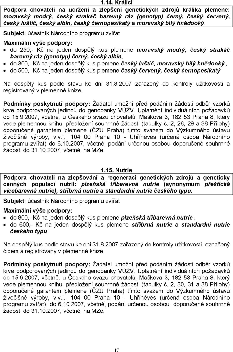 Subjekt: účastník Národního programu zvířat Maximální výše podpory: do 250,- Kč na jeden dospělý kus plemene moravský modrý, český strakáč barevný ráz (genotyp) černý, český albín, do 300,- Kč na