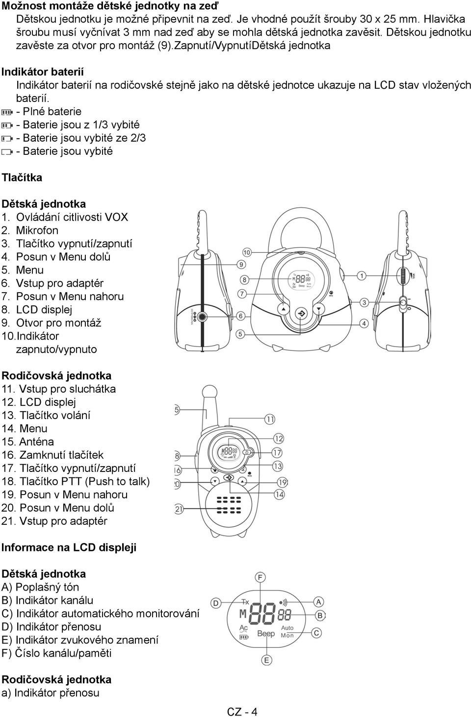 - Plné baterie - Baterie jsou z 1/3 vybité - Baterie jsou vybité ze 2/3 - Baterie jsou vybité Tlačítka Dětská jednotka 1. Ovládání citlivosti VOX 2. Mikrofon 3. Tlačítko vypnutí/zapnutí 4.