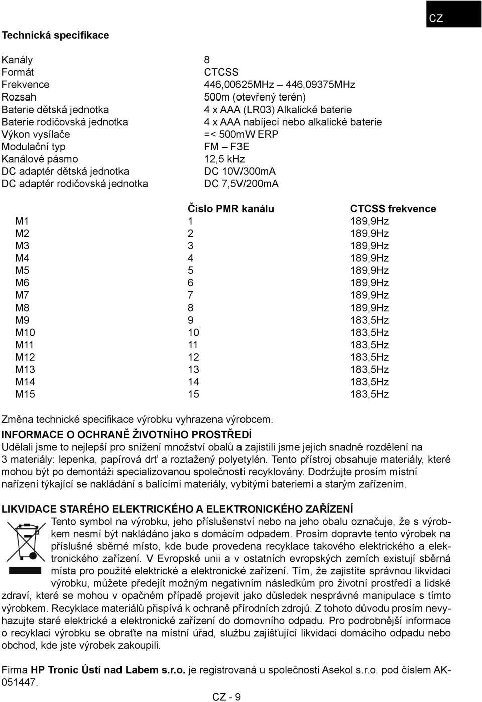 Číslo PMR kanálu CTCSS frekvence M1 1 189,9Hz M2 2 189,9Hz M3 3 189,9Hz M4 4 189,9Hz M5 5 189,9Hz M6 6 189,9Hz M7 7 189,9Hz M8 8 189,9Hz M9 9 183,5Hz M10 10 183,5Hz M11 11 183,5Hz M12 12 183,5Hz M13