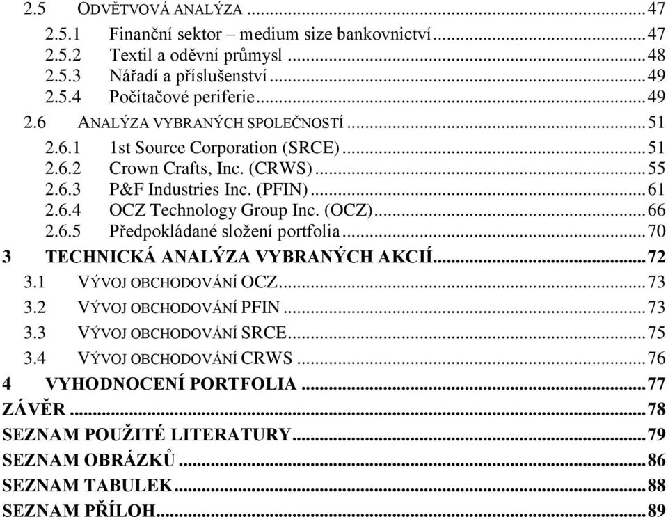 .. 61 2.6.4 OCZ Technology Group Inc. (OCZ)... 66 2.6.5 Předpokládané složení portfolia... 70 3 TECHNICKÁ ANALÝZA VYBRANÝCH AKCIÍ... 72 3.1 VÝVOJ OBCHODOVÁNÍ OCZ... 73 3.