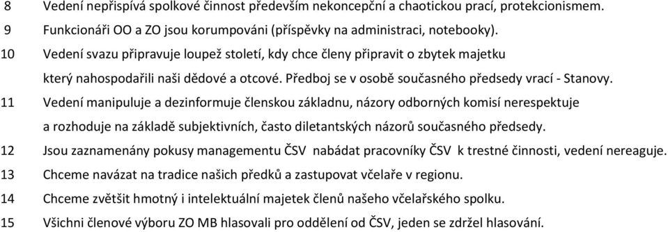 11 Vedení manipuluje a dezinformuje členskou základnu, názory odborných komisí nerespektuje a rozhoduje na základě subjektivních, často diletantských názorů současného předsedy.