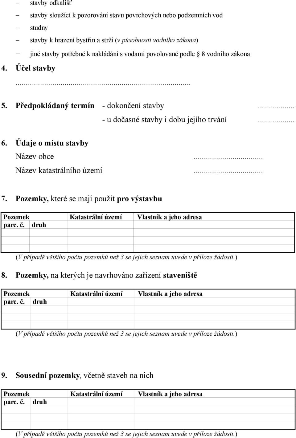 Předpokládaný termín - dokončení stavby... - u dočasné stavby i dobu jejího trvání... 6. Údaje o místu stavby Název obce.