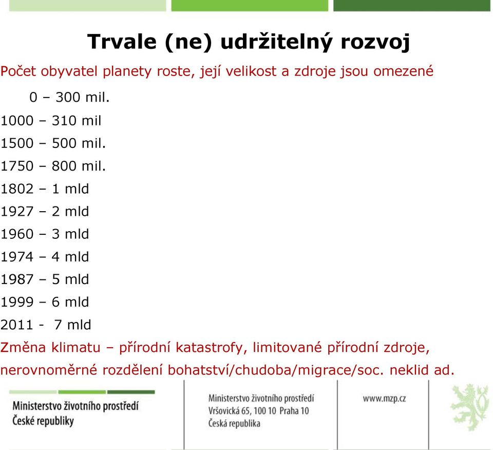 1802 1 mld 1927 2 mld 1960 3 mld 1974 4 mld 1987 5 mld 1999 6 mld 2011-7 mld Změna