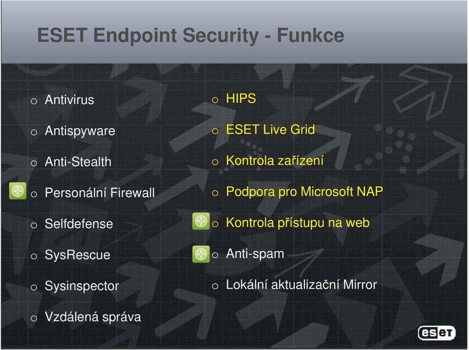 ESET Live Grid o Kontrola zařízení o Podpora pro Microsoft NAP o Kontrola