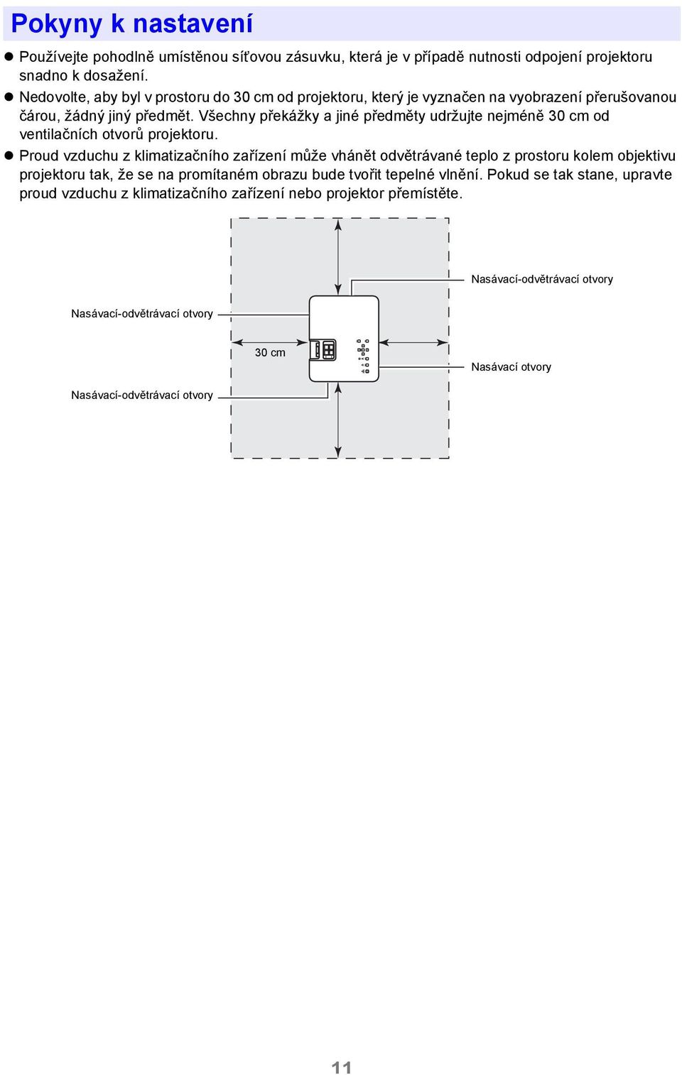 Všechny překážky a jiné předměty udržujte nejméně 30 cm od ventilačních otvorů projektoru.