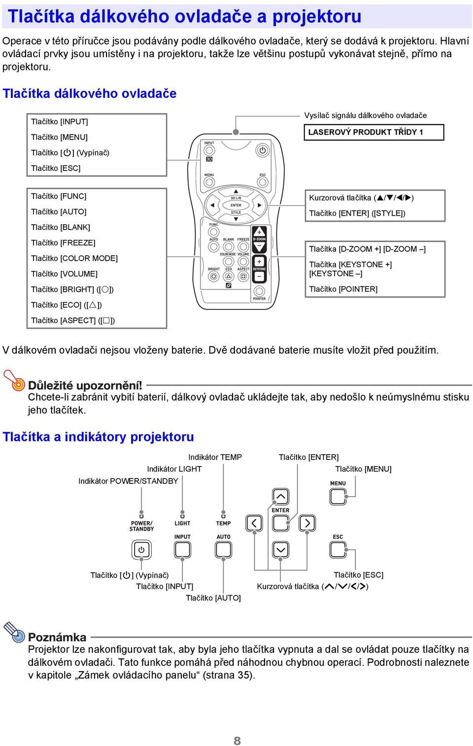 Tlačítka dálkového ovladače Tlačítko [INPUT] Tlačítko [MENU] Vysílač signálu dálkového ovladače LASEROVÝ PRODUKT TŘÍDY 1 Tlačítko [P] (Vypínač) Tlačítko [ESC] Tlačítko [FUNC] Tlačítko [AUTO] Tlačítko