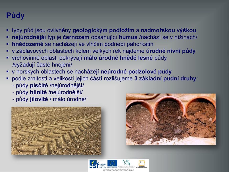 pokrývají málo úrodné hnědé lesné půdy /vyžadují časté hnojení/ v horských oblastech se nacházejí neúrodné podzolové půdy podle zrnitosti a