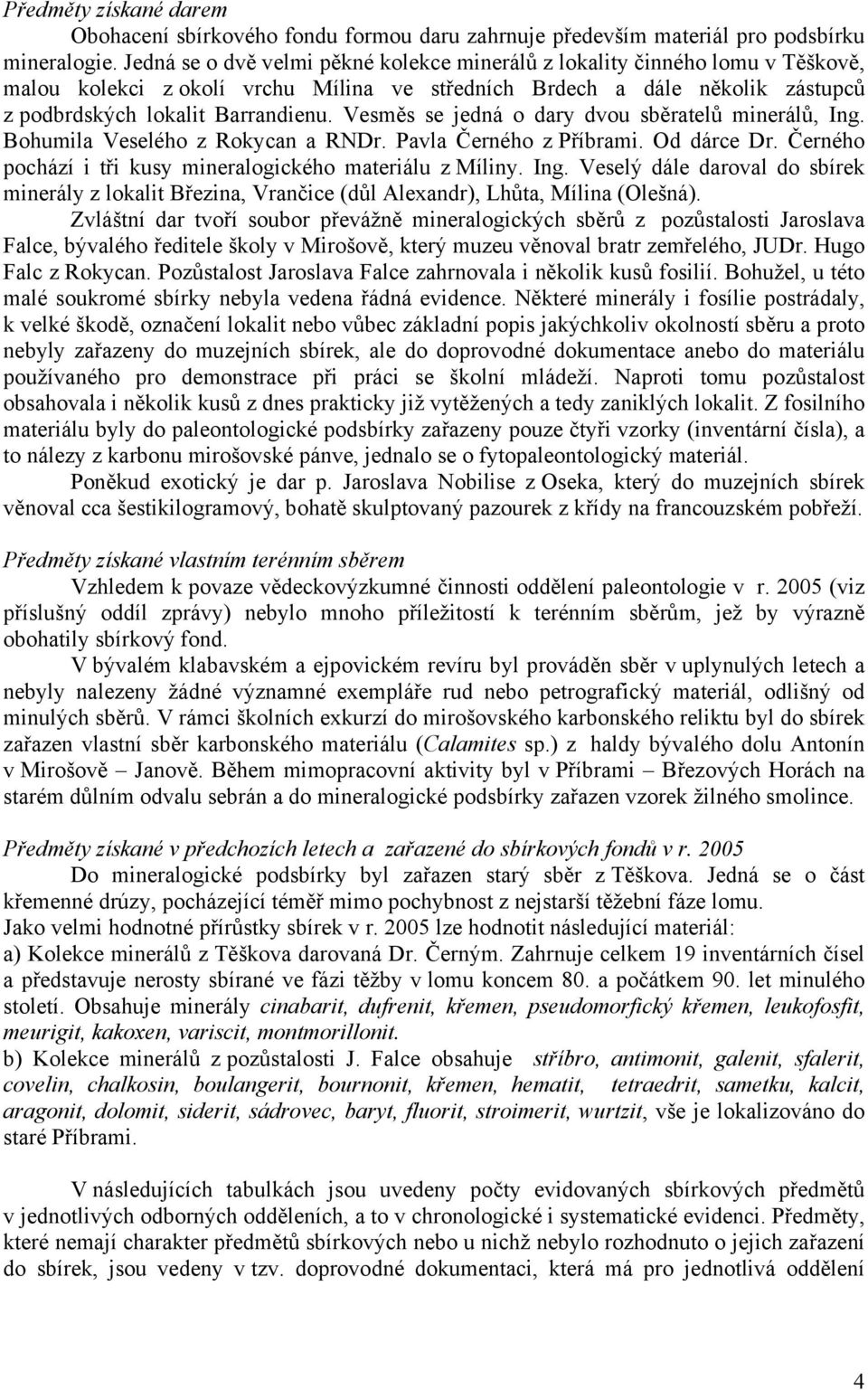 Vesměs se jedná o dary dvou sběratelů minerálů, Ing. Bohumila Veselého z Rokycan a RNDr. Pavla Černého z Příbrami. Od dárce Dr. Černého pochází i tři kusy mineralogického materiálu z Míliny. Ing. Veselý dále daroval do sbírek minerály z lokalit Březina, Vrančice (důl Alexandr), Lhůta, Mílina (Olešná).