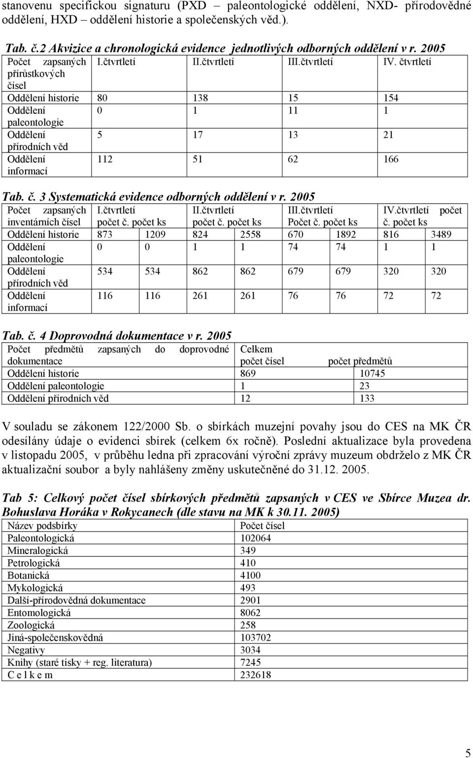 čtvrtletí přírůstkových čísel Oddělení historie 80 138 15 154 Oddělení 0 1 11 1 paleontologie Oddělení 5 17 13 21 přírodních věd Oddělení informací 112 51 62 166 Tab. č. 3 Systematická evidence odborných oddělení v r.