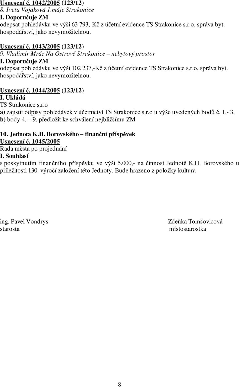 r.o a) zajistit odpisy pohledávek v účetnictví TS Strakonice s.r.o u výše uvedených bodů č. 1.- 3. b) body 4. 9. předložit ke schválení nejbližšímu ZM 10. Jednota K.H.