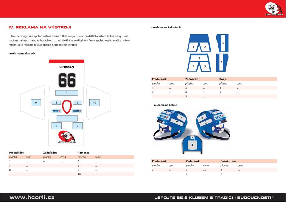 1 2 6 - reklama na dresech 3 4 5 7 Přední část: Zadní část: Boky: plocha cena plocha cena plocha cena 1... 3... 6... 4 2... 4... 7... 5... 9 5 6 10 - reklama na helmě 2 3 1 7 8 3 4 Přední část: Zadní část: Ramena: plocha cena plocha cena plocha cena 1.