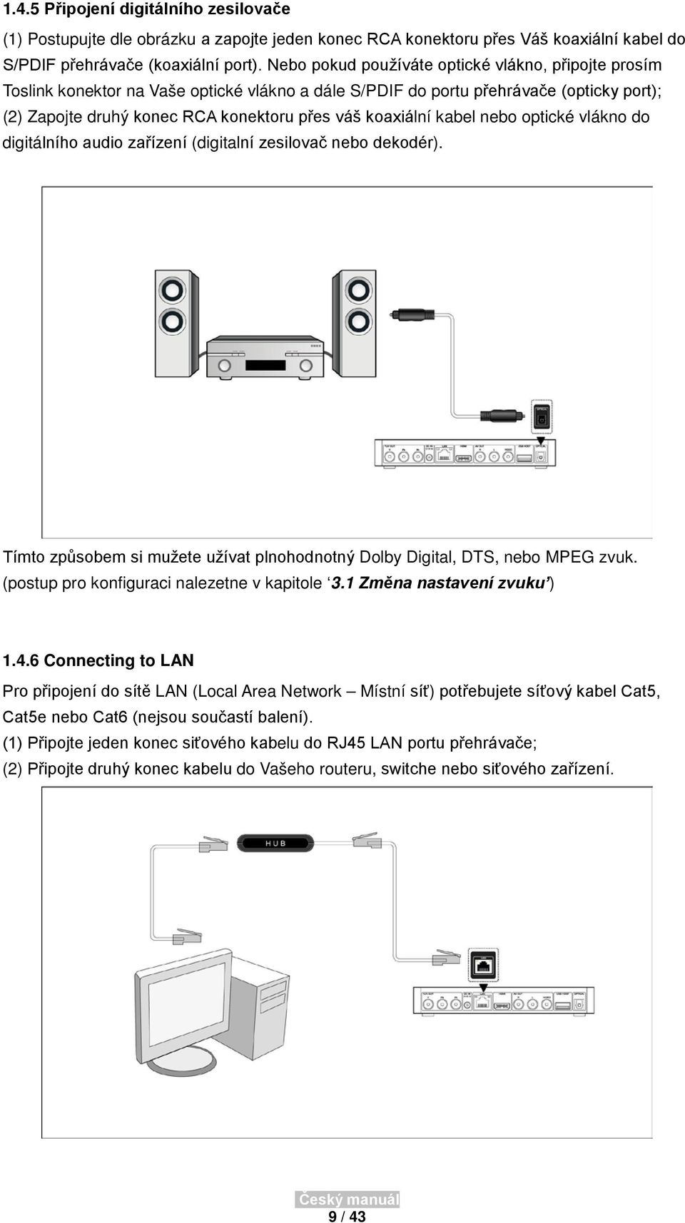 kabel nebo optické vlákno do digitálního audio zařízení (digitalní zesilovač nebo dekodér). Tímto způsobem si mužete užívat plnohodnotný Dolby Digital, DTS, nebo MPEG zvuk.