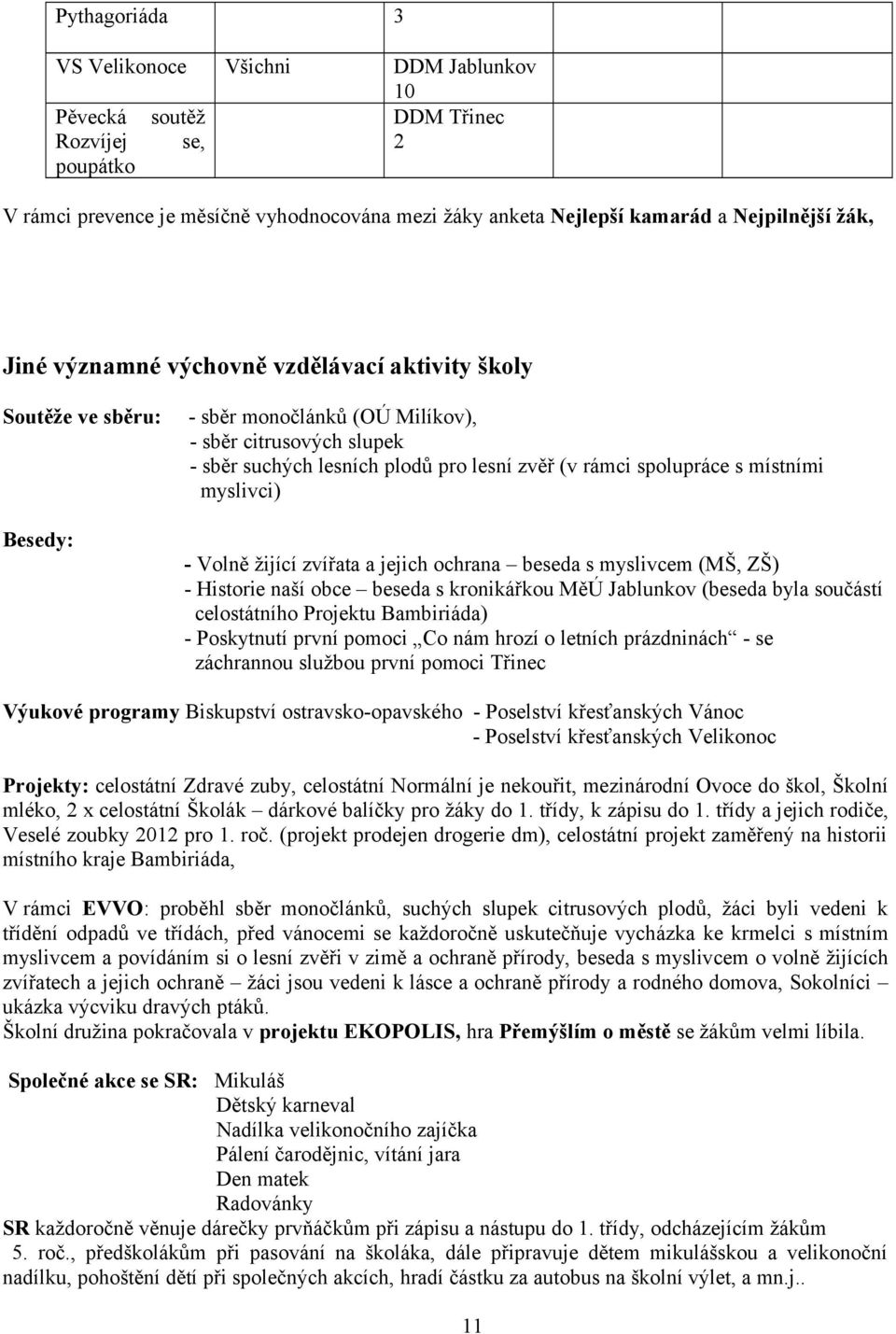 místními myslivci) - Volně žijící zvířata a jejich ochrana beseda s myslivcem (MŠ, ZŠ) - Historie naší obce beseda s kronikářkou MěÚ Jablunkov (beseda byla součástí celostátního Projektu Bambiriáda)