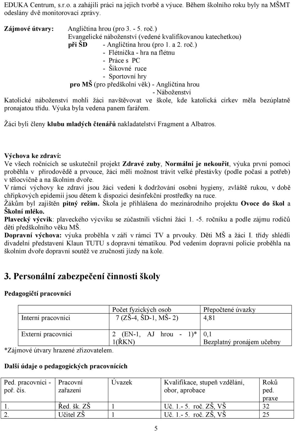 ) - Flétnička - hra na flétnu - Práce s PC - Šikovné ruce - Sportovní hry pro MŠ (pro předškolní věk) - Angličtina hrou - Náboženství Katolické náboženství mohli žáci navštěvovat ve škole, kde