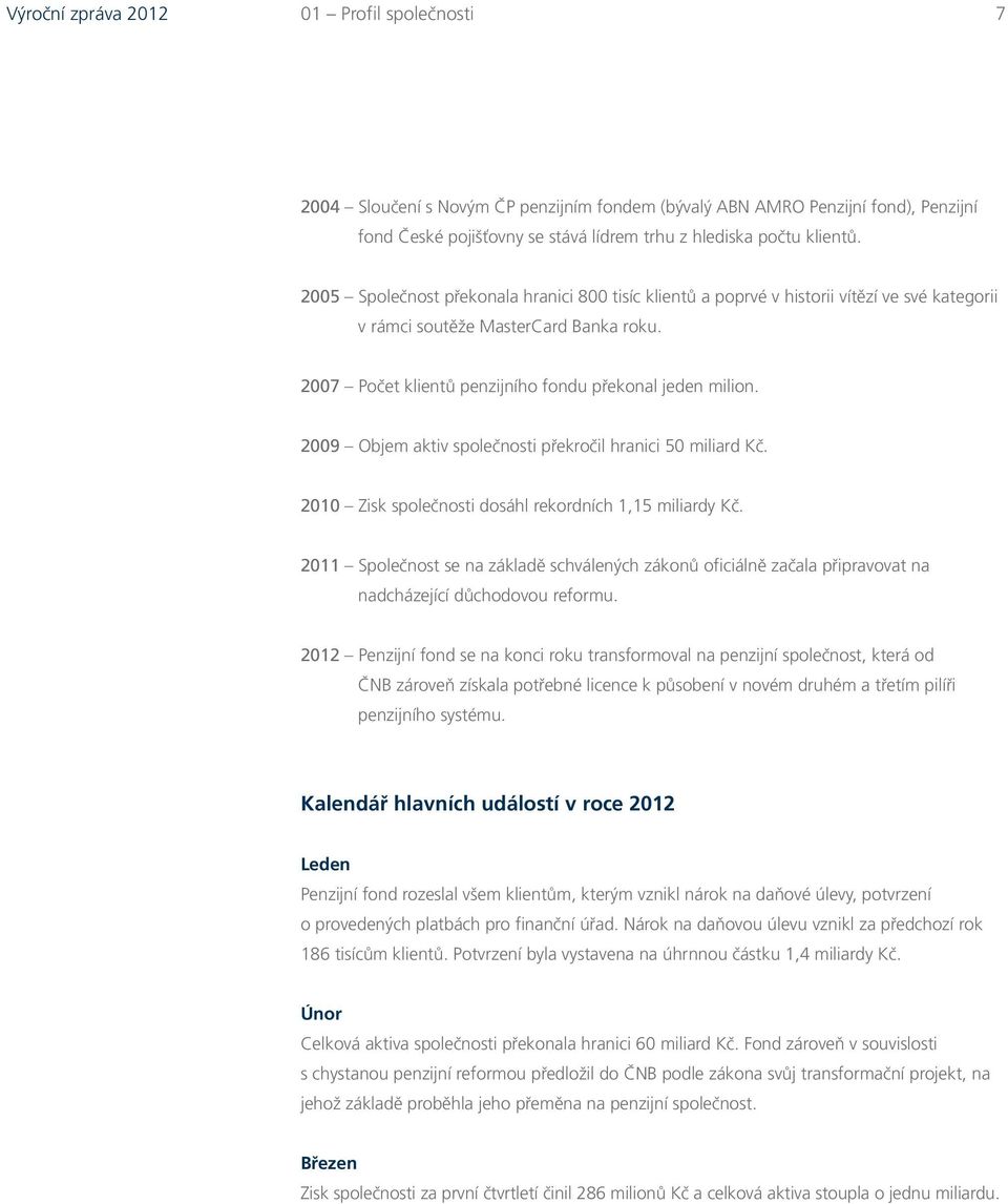 2009 Objem aktiv společnosti překročil hranici 50 miliard Kč. 2010 Zisk společnosti dosáhl rekordních 1,15 miliardy Kč.