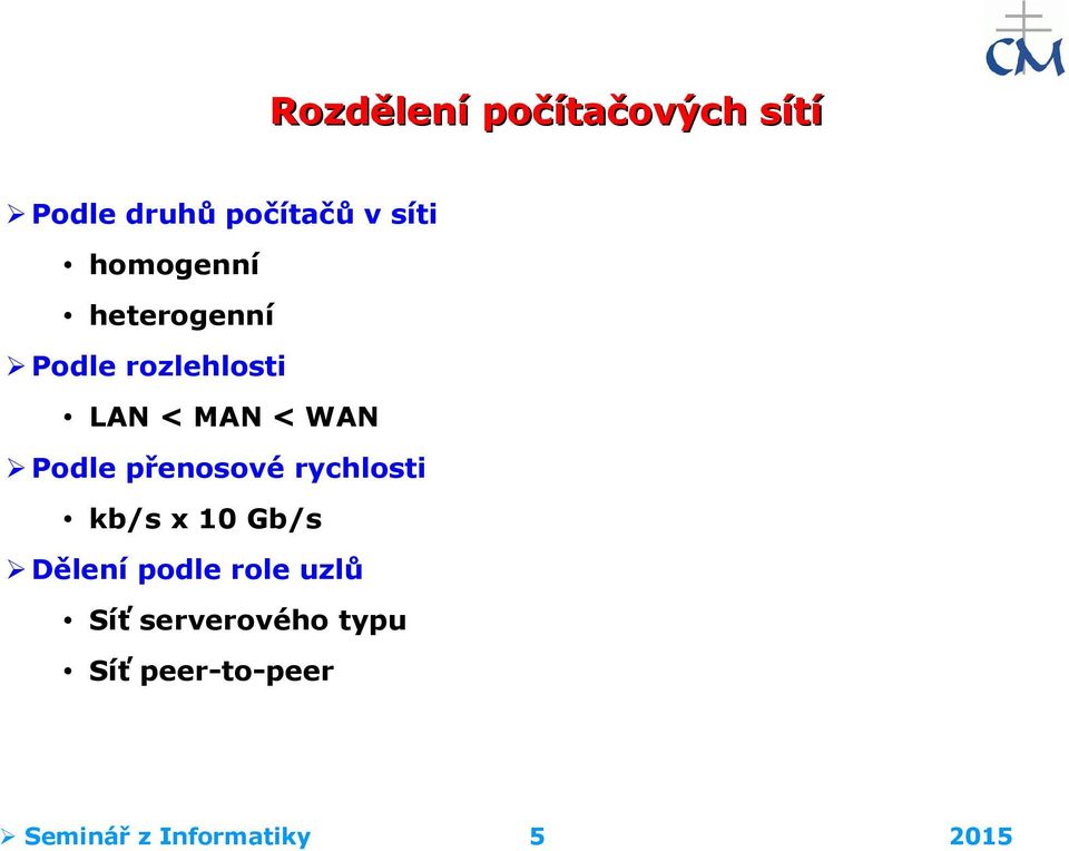 Podle přenosové rychlosti kb/s x 10 Gb/s Dělení podle role