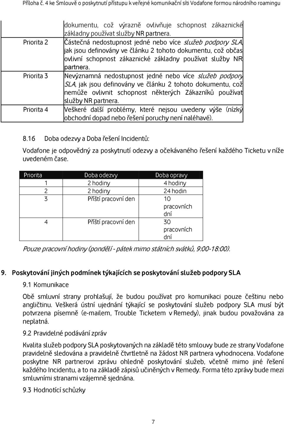 Nevýznamná nedostupnost jedné nebo více služeb podpory SLA, jak jsou definovány ve článku 2 tohoto dokumentu, což nemůže ovlivnit schopnost některých Zákazníků používat služby NR partnera.