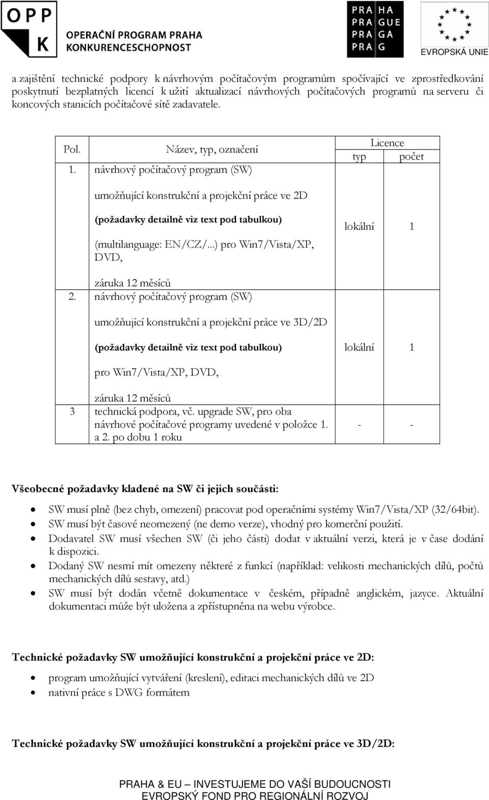 návrhový počítačový program (SW) Licence typ počet umožňující konstrukční a projekční práce ve 2D (požadavky detailně viz text pod tabulkou) (multilanguage: EN/CZ/.