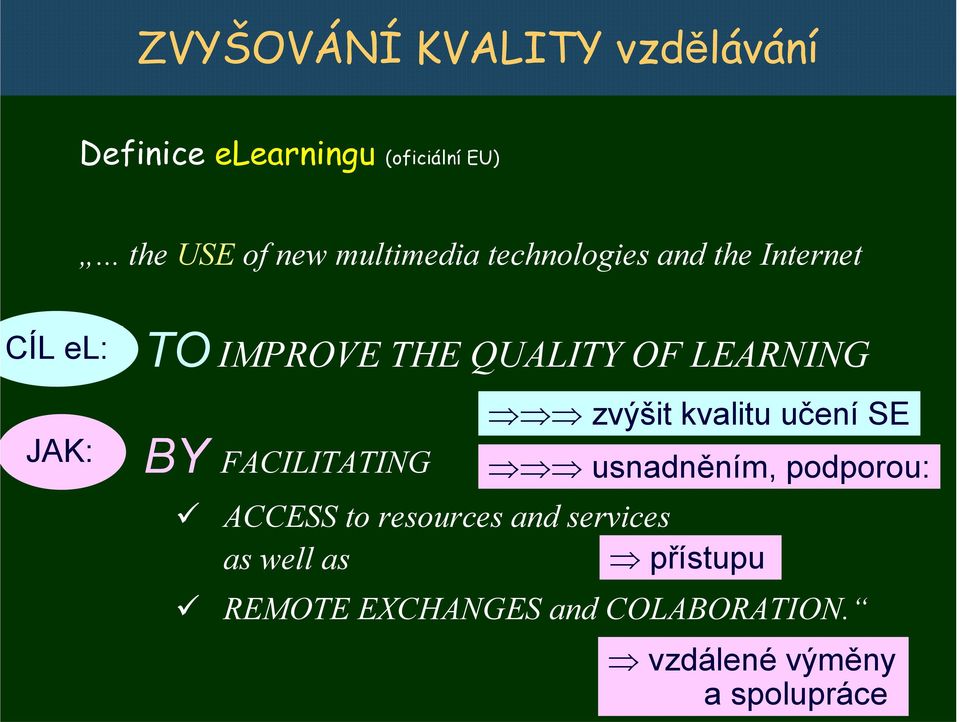 QUALITY OF LEARNING BY FACILITATING zvýšit kvalitu učení SE usnadněním, podporou: