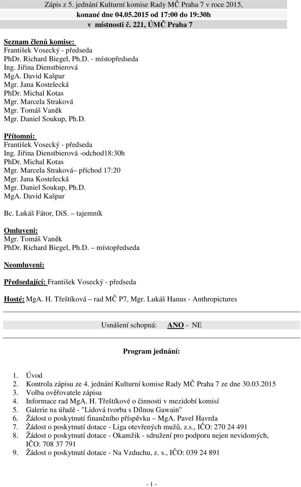 Jiřina Dienstbierová -odchod18:30h PhDr. Michal Kotas Mgr. Marcela Straková příchod 17:20 Mgr. Jana Kostelecká Mgr. Daniel Soukup, Ph.D. MgA. David Kašpar Bc. Lukáš Fátor, DiS. tajemník Omluveni: Mgr.