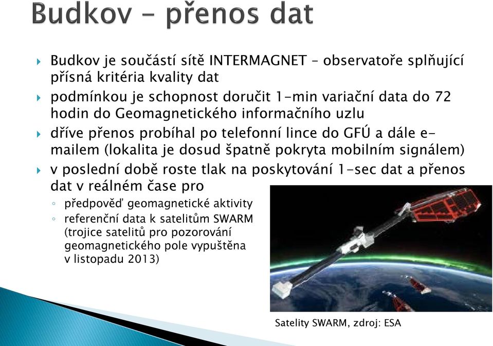 pokryta mobilním signálem) v poslední době roste tlak na poskytování 1-sec dat a přenos dat v reálném čase pro předpověď geomagnetické