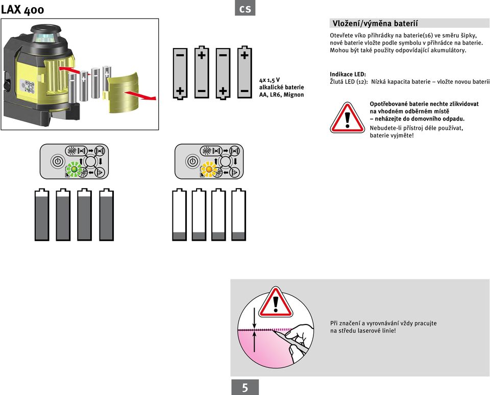 4x 1,5 V alkalické baterie, LR6, Mignon Indikace LED: Žlutá LED (12): Nízká kapacita baterie vložte novou baterii Opotřebované