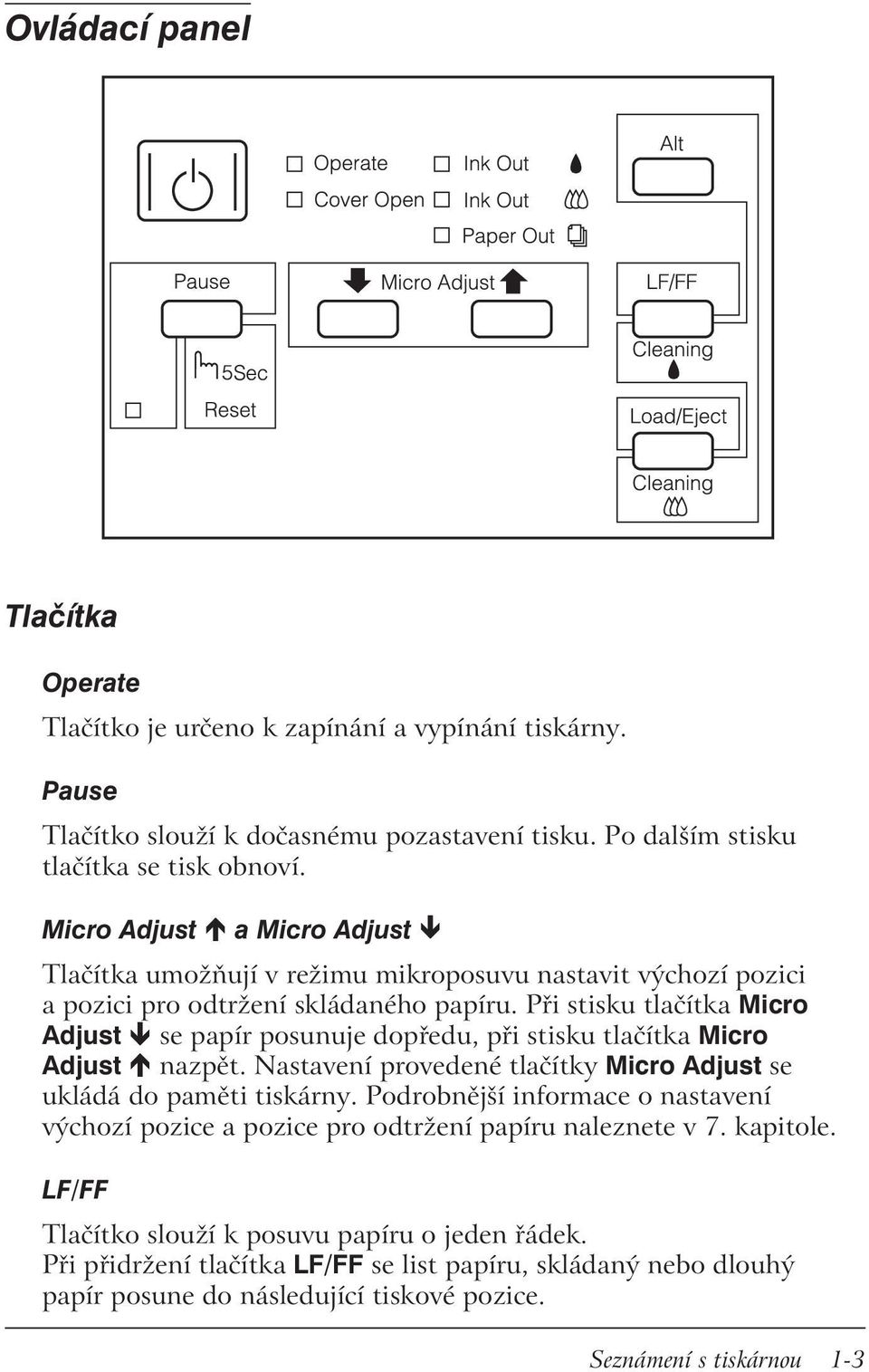 Při stisku tlačítka Micro Adjust ê se papír posunuje dopředu, při stisku tlačítka Micro Adjust é nazpět. Nastavení provedené tlačítky Micro Adjust se ukládá do paměti tiskárny.