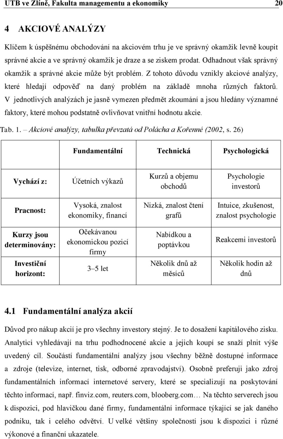 V jednotlivých analýzách je jasně vymezen předmět zkoumání a jsou hledány významné faktory, které mohou podstatně ovlivňovat vnitřní hodnotu akcie. Tab. 1.