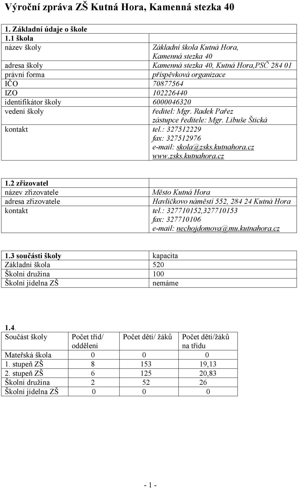 školy 6000046320 vedení školy ředitel: Mgr. Radek Pařez zástupce ředitele: Mgr. Libuše Štická kontakt tel.: 327512229 fax: 327512976 e-mail: skola@zsks.kutnahora.cz www.zsks.kutnahora.cz 1.