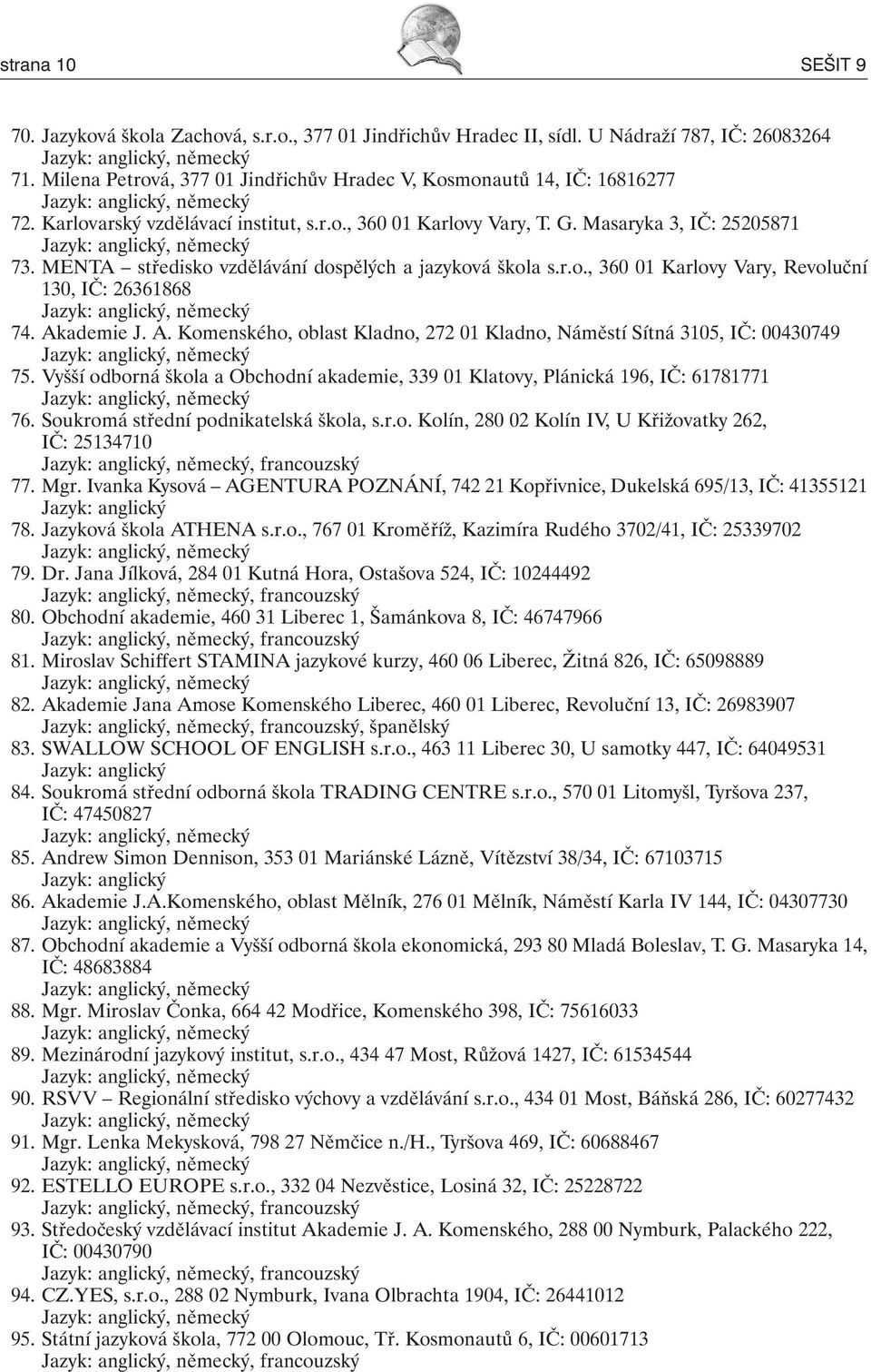 Masaryka 3, IČ: 25205871 Jazyk: anglický, německý 73. MENTA středisko vzdělávání dospělých a jazyková škola s.r.o., 360 01 Karlovy Vary, Revoluční 130, IČ: 26361868 Jazyk: anglický, německý 74.