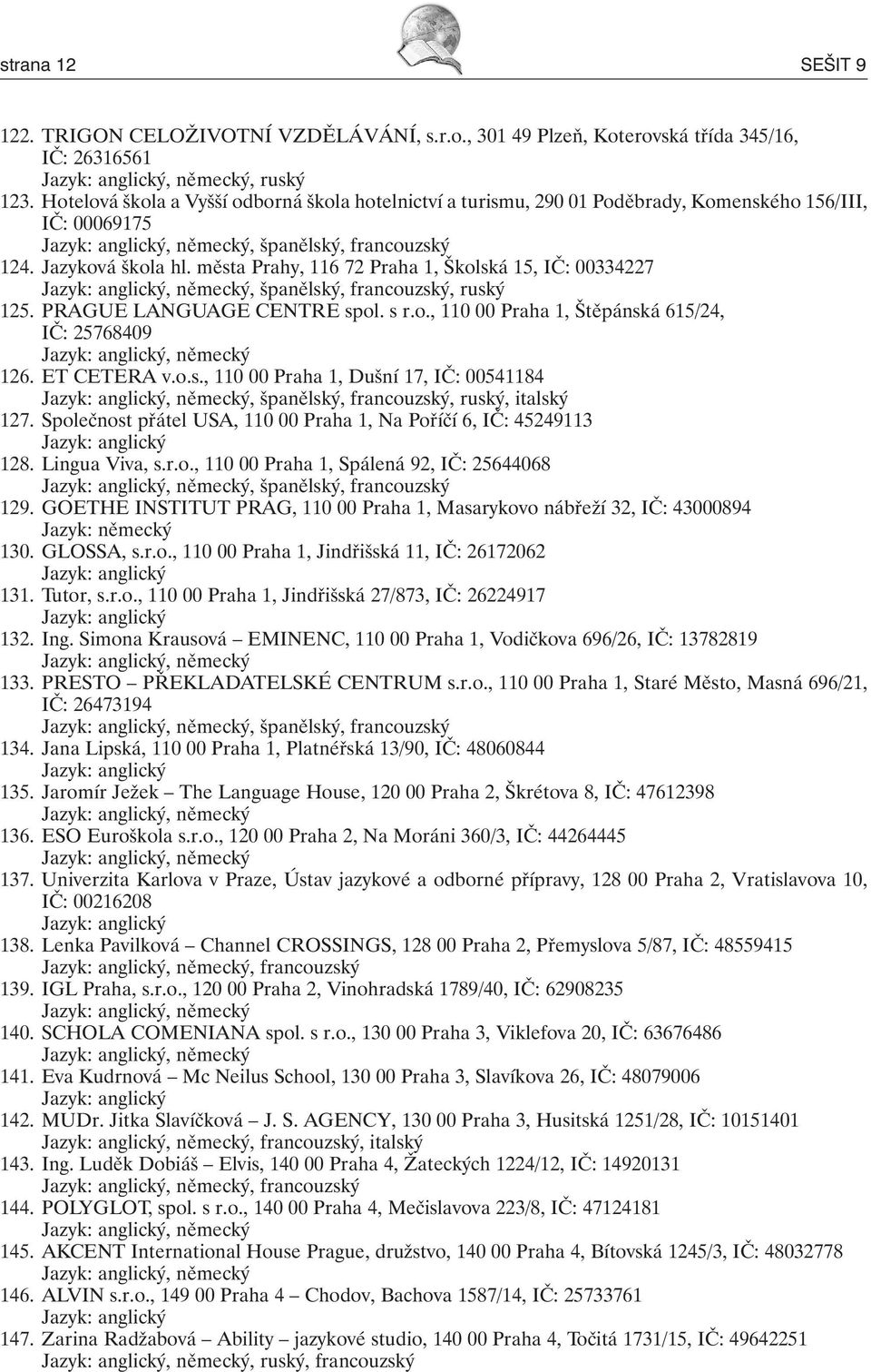 města Prahy, 116 72 Praha 1, Školská 15, IČ: 00334227 Jazyk: anglický, německý, španělský, francouzský, ruský 125. PRAGUE LANGUAGE CENTRE spol. s r.o., 110 00 Praha 1, Štěpánská 615/24, IČ: 25768409 Jazyk: anglický, německý 126.