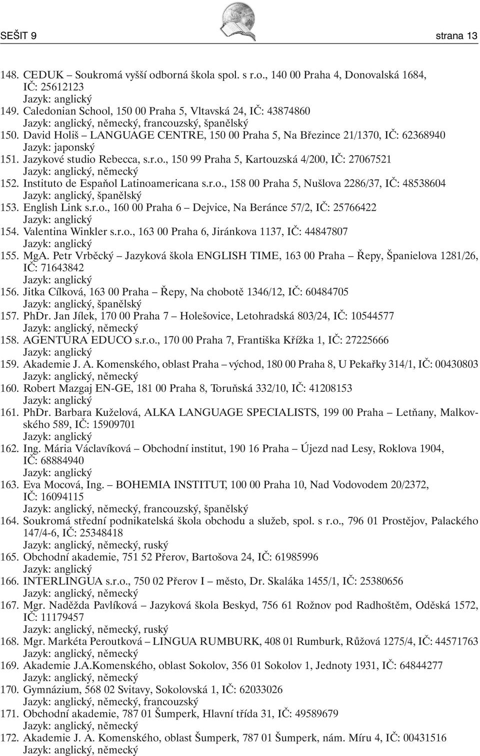 David Holiš LANGUAGE CENTRE, 150 00 Praha 5, Na Březince 21/1370, IČ: 62368940 Jazyk: japonský 151. Jazykové studio Rebecca, s.r.o., 150 99 Praha 5, Kartouzská 4/200, IČ: 27067521 Jazyk: anglický, německý 152.