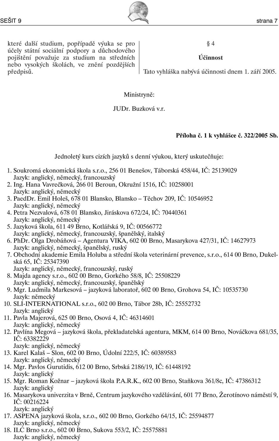 Soukromá ekonomická škola s.r.o., 256 01 Benešov, Táborská 458/44, IČ: 25139029 Jazyk: anglický, německý, francouzský 2. Ing.