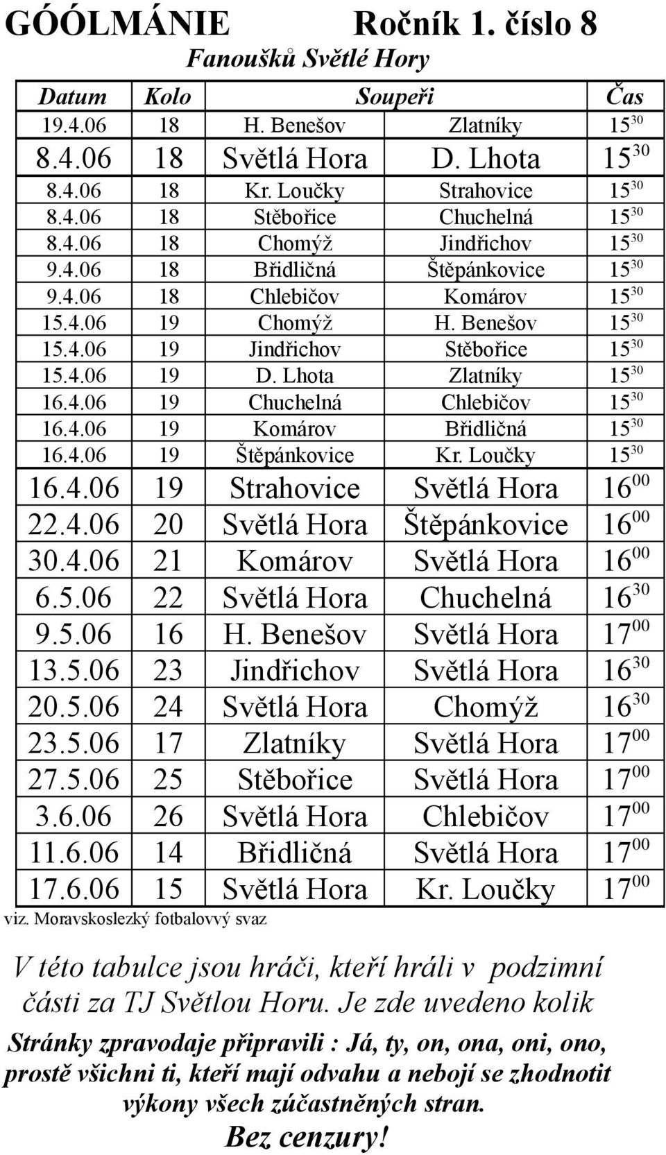 4.06 19 Komárov Břidličná 15 30 16.4.06 19 Štěpánkovice Kr. Loučky 15 30 16.4.06 19 Strahovice Světlá Hora 16 00 22.4.06 20 Světlá Hora Štěpánkovice 16 00 30.4.06 21 Komárov Světlá Hora 16 00 6.5.06 22 Světlá Hora Chuchelná 16 30 9.