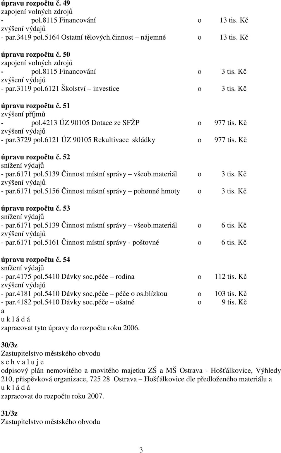 Kč úpravu rozpočtu č. 52 - par.6171 pol.5139 Činnost místní správy všeob.materiál o 3 tis. Kč - par.6171 pol.5156 Činnost místní správy pohonné hmoty o 3 tis. Kč úpravu rozpočtu č. 53 - par.6171 pol.5139 Činnost místní správy všeob.materiál o 6 tis.
