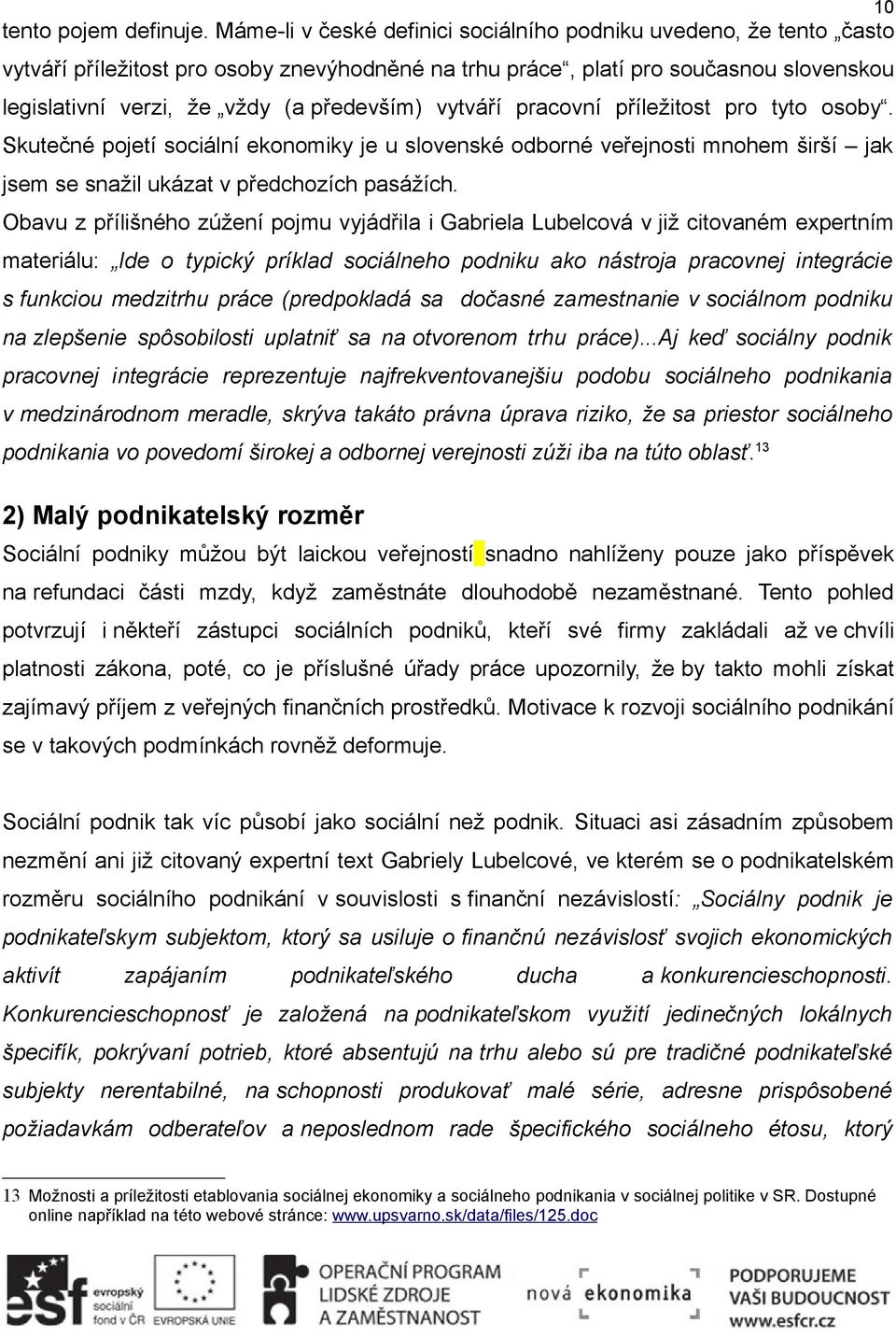 vytváří pracovní příležitost pro tyto osoby. Skutečné pojetí sociální ekonomiky je u slovenské odborné veřejnosti mnohem širší jak jsem se snažil ukázat v předchozích pasážích.