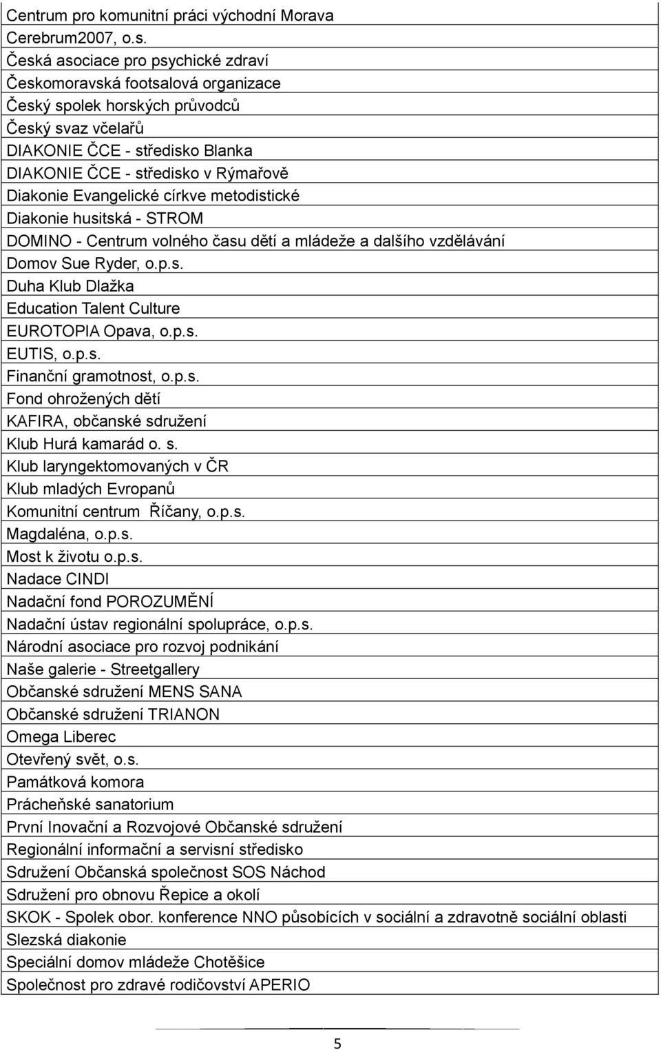 Evangelické církve metodistické Diakonie husitská - STROM DOMINO - Centrum volného času dětí a mládeže a dalšího vzdělávání Domov Sue Ryder, o.p.s. Duha Klub Dlažka Education Talent Culture EUROTOPIA Opava, o.