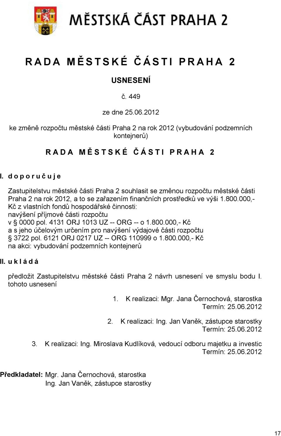 000,- Kč z vlastních fondů hospodářské činnosti: navýšení příjmové části rozpočtu v 0000 pol. 4131 ORJ 1013 UZ -- ORG -- o 1.800.