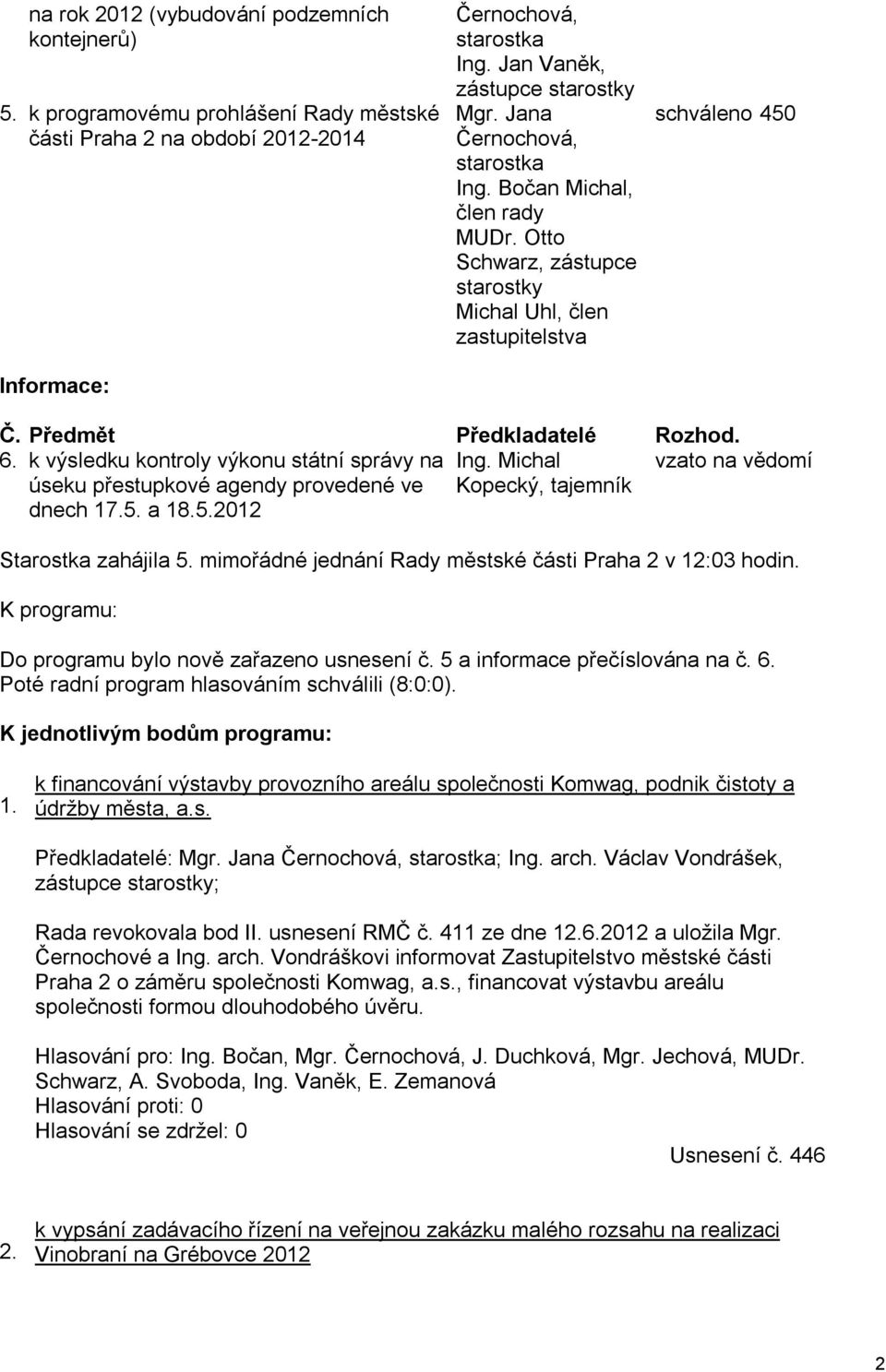 k výsledku kontroly výkonu státní správy na Ing. Michal vzato na vědomí úseku přestupkové agendy provedené ve Kopecký, tajemník dnech 17.5. a 18.5.2012 Starostka zahájila 5.