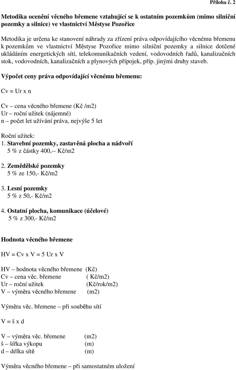 odpovídajícího věcnému břemenu k pozemkům ve vlastnictví Městyse Pozořice mimo silniční pozemky a silnice dotčené ukládáním energetických sítí, telekomunikačních vedení, vodovodních řadů,