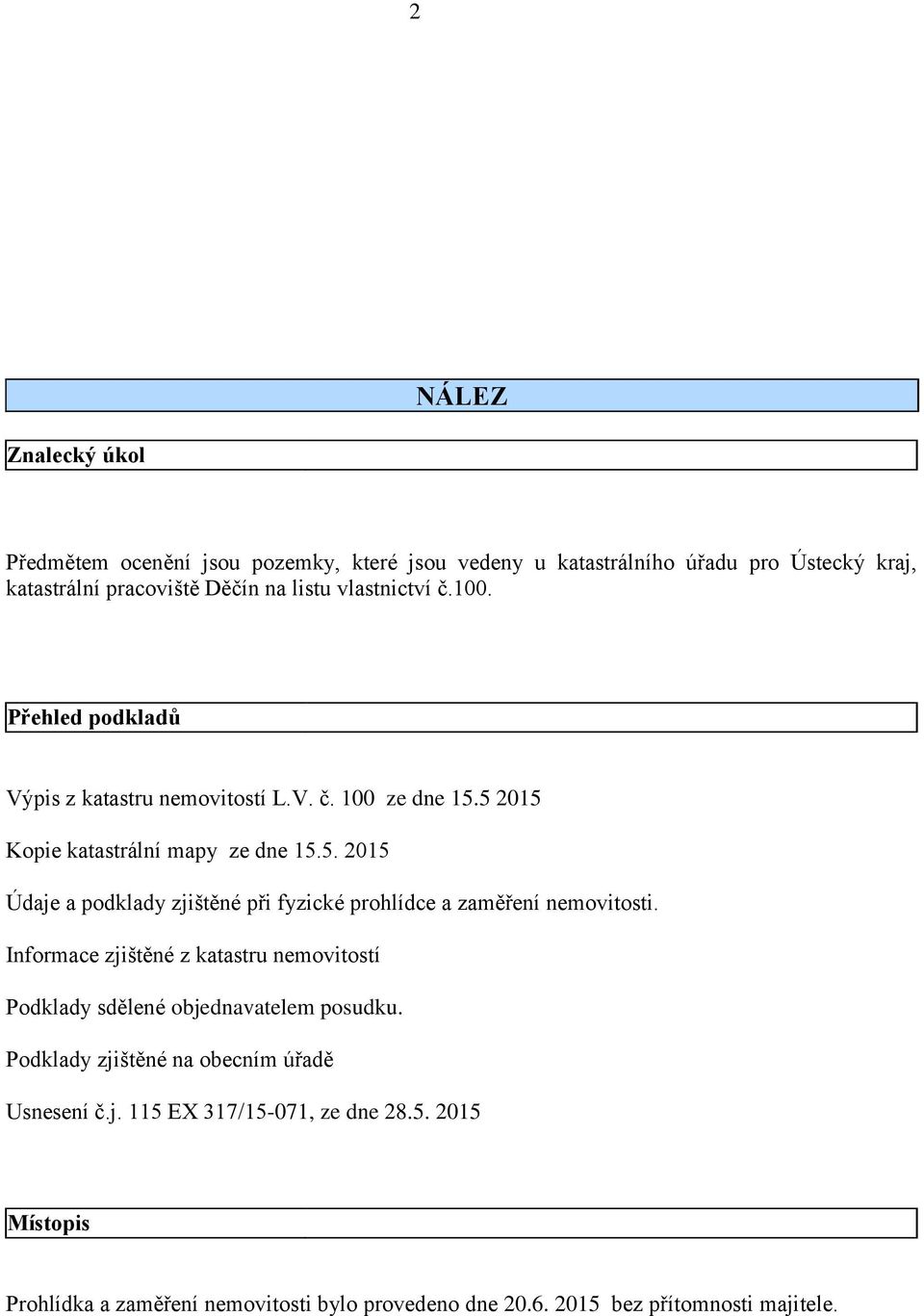 5 2015 Kopie katastrální mapy ze dne 15.5. 2015 Údaje a podklady zjištěné při fyzické prohlídce a zaměření nemovitosti.