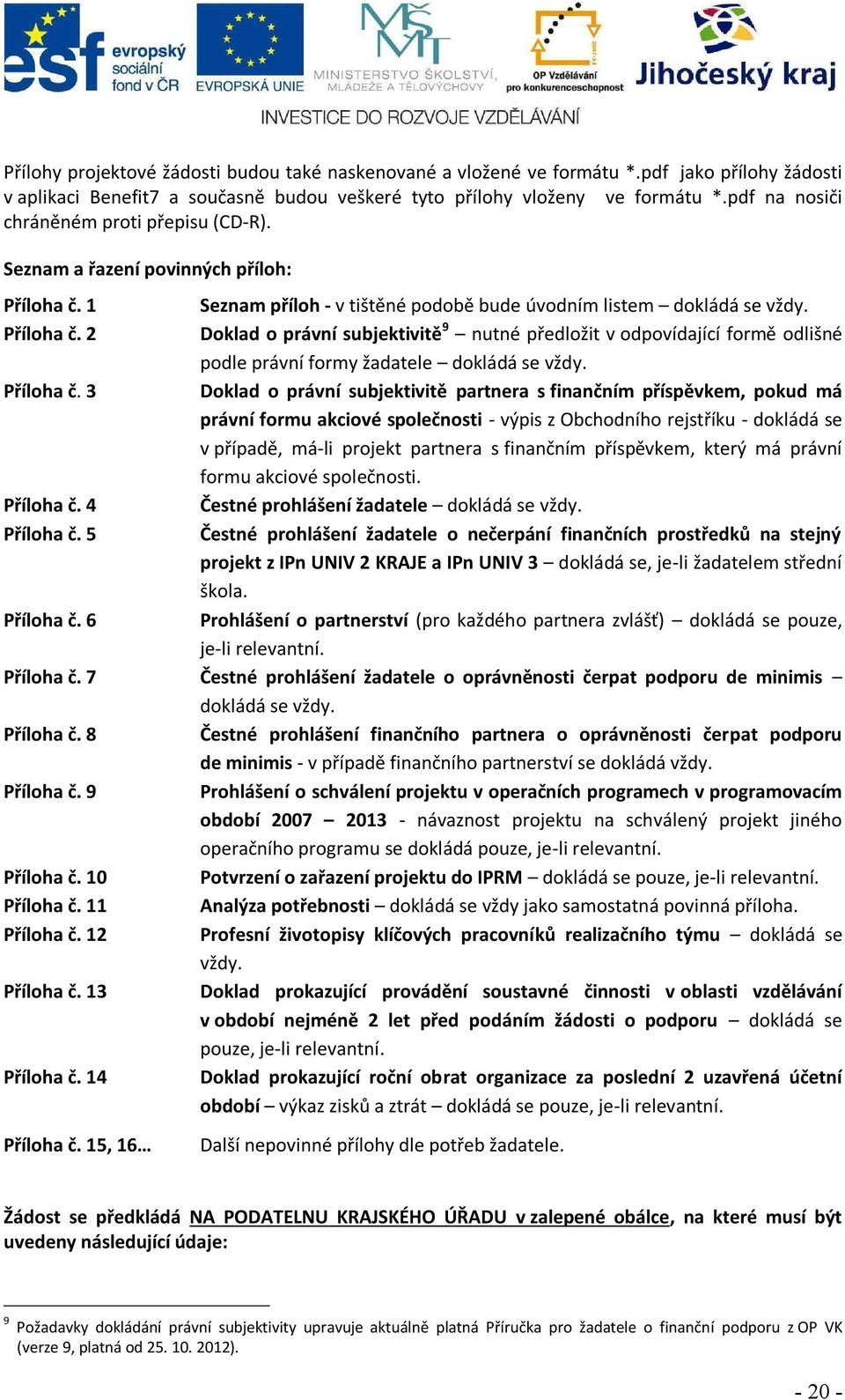 1 Seznam příloh - v tištěné podobě bude úvodním listem dokládá se vždy. Příloha č.