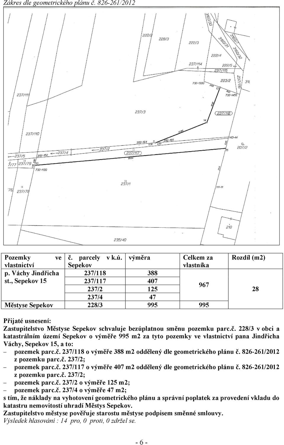 228/3 v obci a katastrálním území Sepekov o výměře 995 m2 za tyto pozemky ve vlastnictví pana Jindřicha Váchy, Sepekov 15, a to: pozemek parc.č.