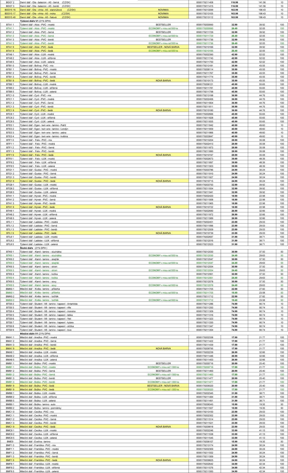 99 39.92 100 BTA1 1 Týdenní diář - Alois - PVC - modrá ECONOMY v mixu od 500 ks 8595179200990 26.49 32.05 100 BTA1 2 Týdenní diář - Alois - PVC - černá BESTSELLER 8595179211729 32.99 39.92 100 BTA1 2 Týdenní diář - Alois - PVC - černá ECONOMY v mixu od 500 ks 8595179211729 26.