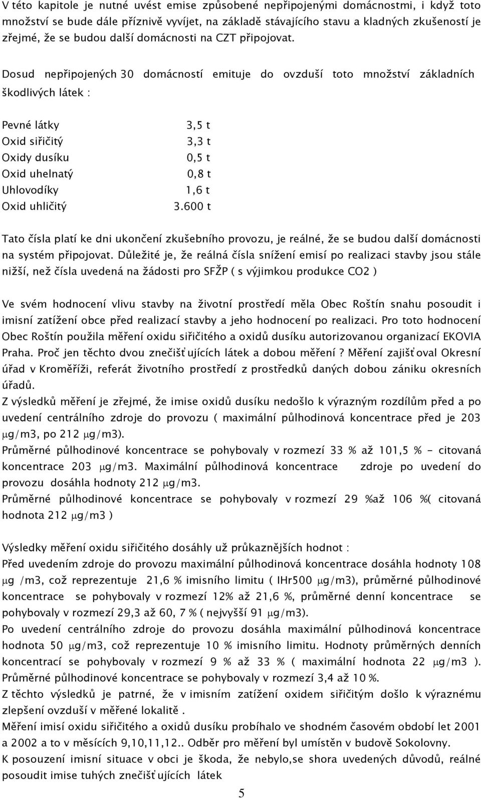 Dosud nepřipojených 30 domácností emituje do ovzduší toto množství základních škodlivých látek : Pevné látky Oxid siřičitý Oxidy dusíku Oxid uhelnatý Uhlovodíky Oxid uhličitý 3,5 t 3,3 t 0,5 t 0,8 t