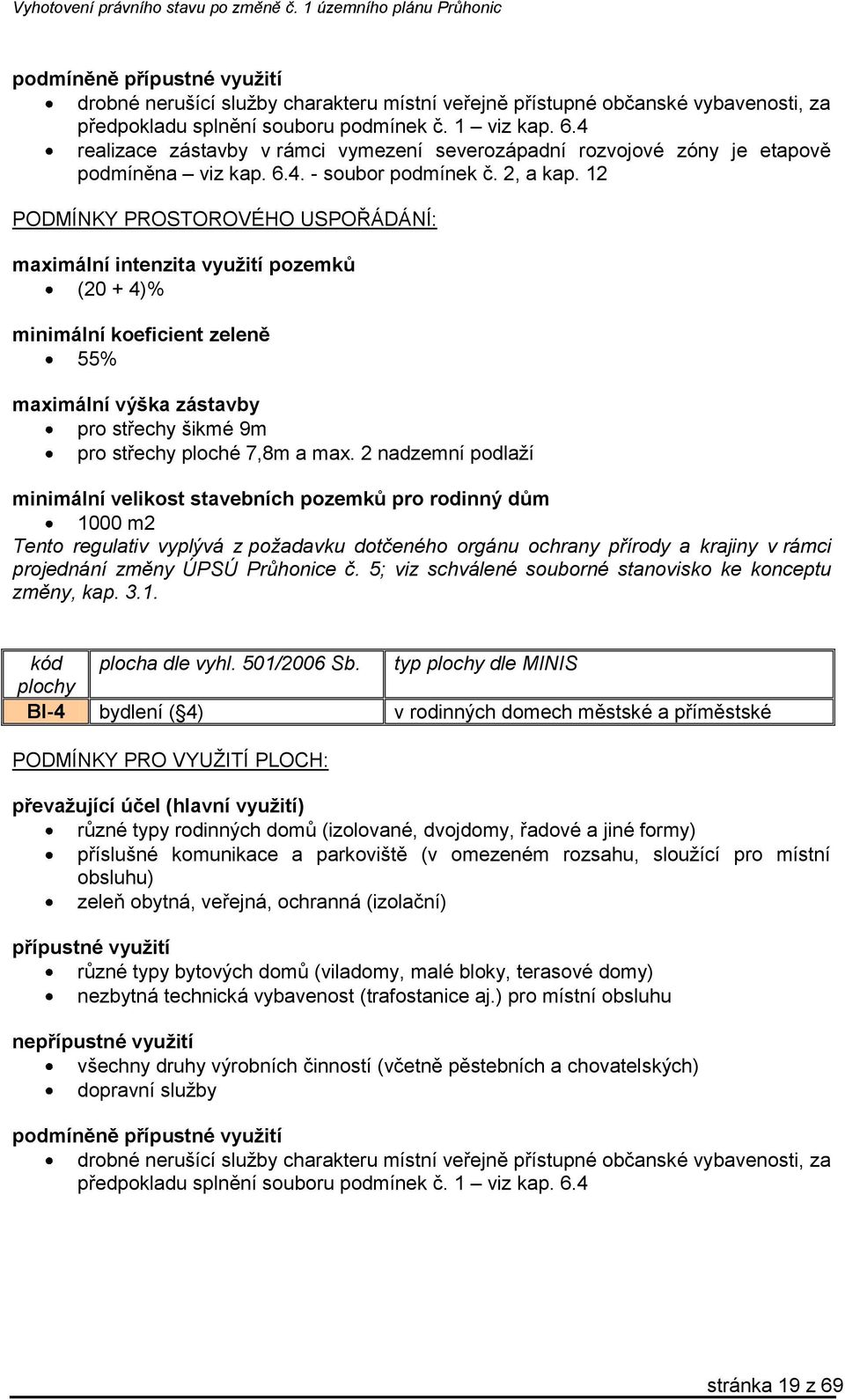 12 maximální intenzita využití pozemků (20 + 4)% minimální koeficient zeleně 55% maximální výška zástavby pro střechy šikmé 9m pro střechy ploché 7,8m a max.