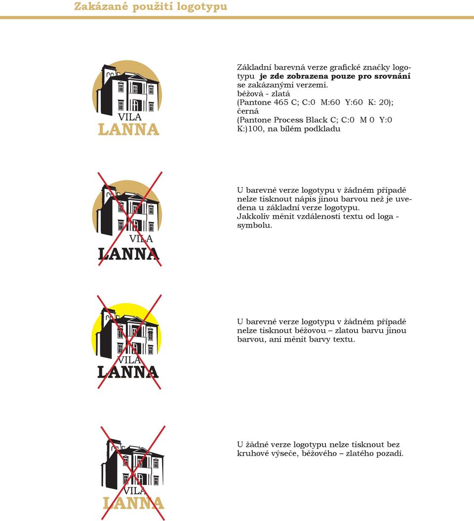 žádném případě nelze tisknout nápis jinou barvou než je uvedena u základní verze logotypu. Jakkoliv měnit vzdálenosti textu od loga - symbolu.