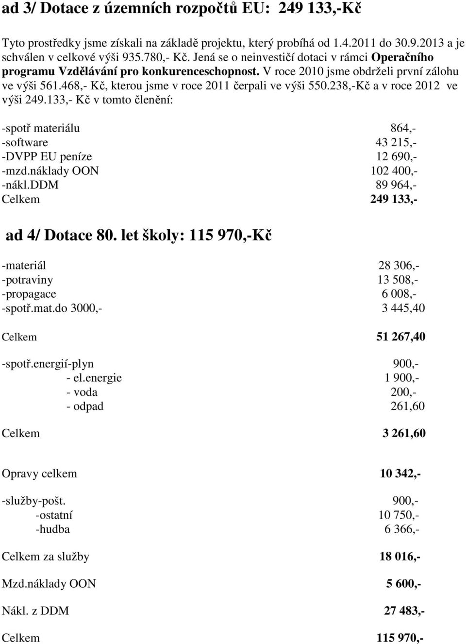 238,-Kč a v roce 2012 ve výši 249.133,- Kč v tomto členění: -spotř materiálu 864,- -software 43 215,- -DVPP EU peníze 12 690,- -mzd.náklady OON 102 400,- -nákl.