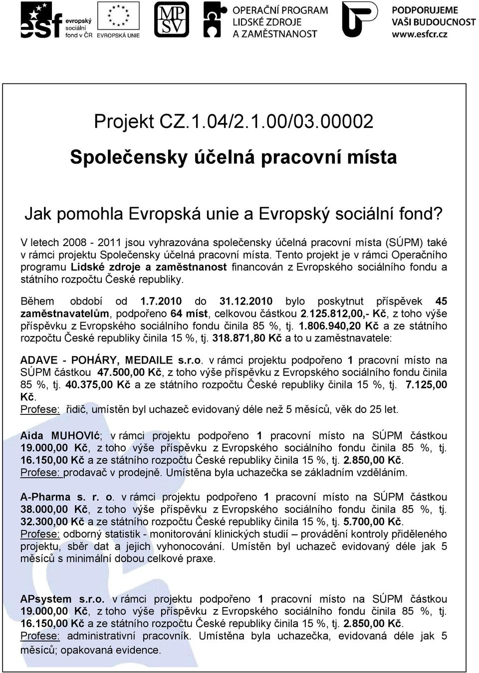 Tento projekt je v rámci Operačního programu Lidské zdroje a zaměstnanost financován z Evropského sociálního fondu a státního rozpočtu České republiky. Během období od 1.7.2010 do 31.12.