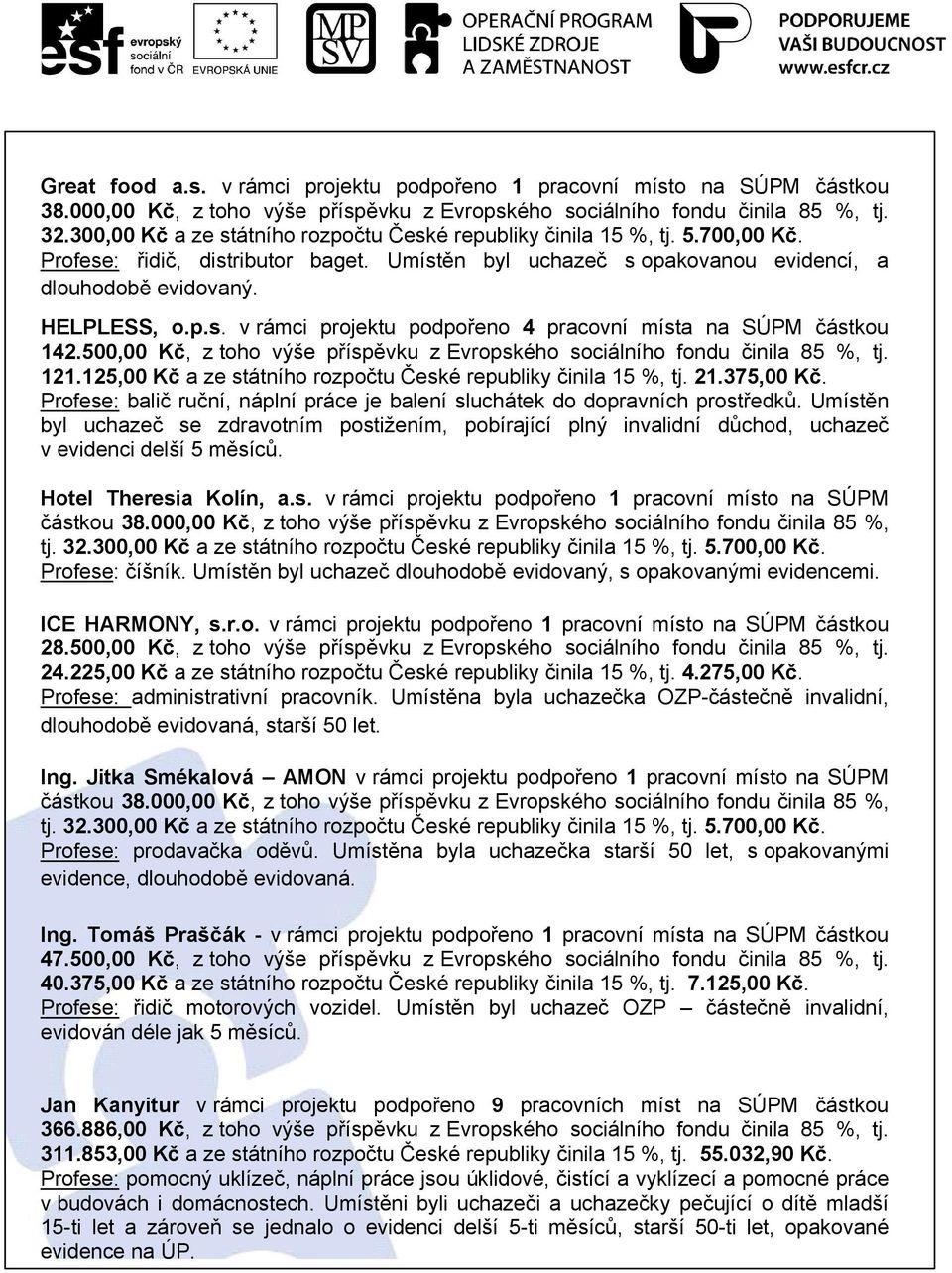 Profese: balič ruční, náplní práce je balení sluchátek do dopravních prostředků. Umístěn byl uchazeč se zdravotním postižením, pobírající plný invalidní důchod, uchazeč v evidenci delší 5 měsíců.